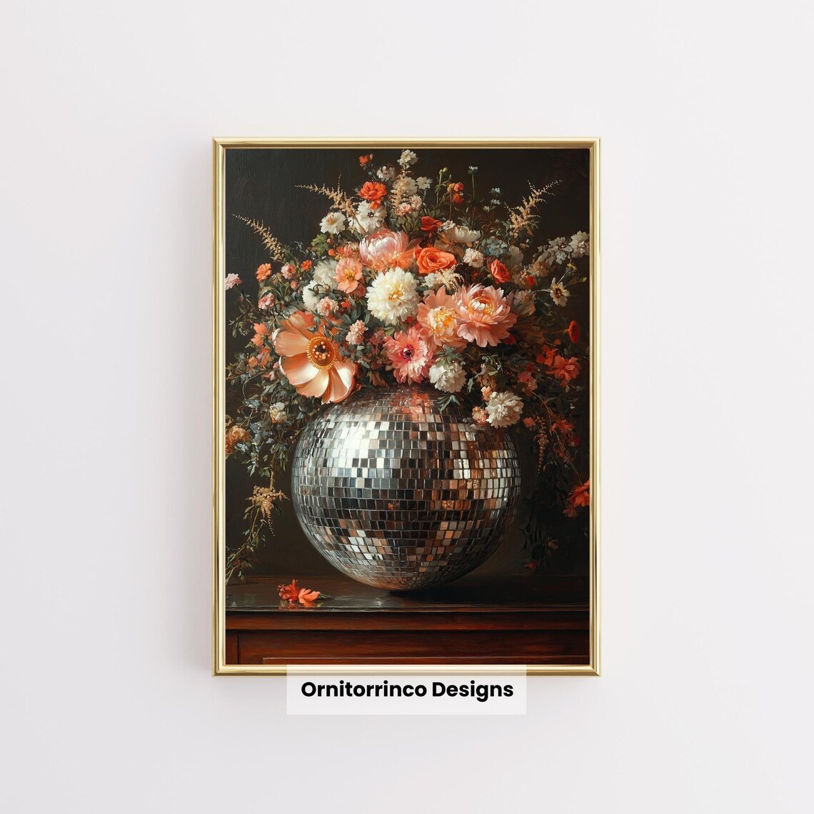 Disco Ball Flower Vase Vintage Floral Still Life Retro Wall Art