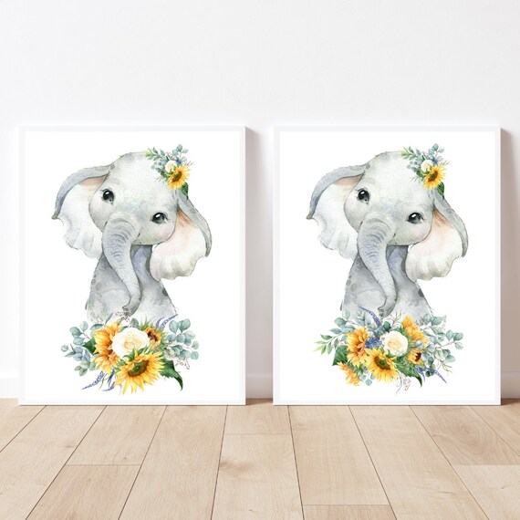 Baby Elephant Sunflower Watercolor Nursery Art Print Set Of Two