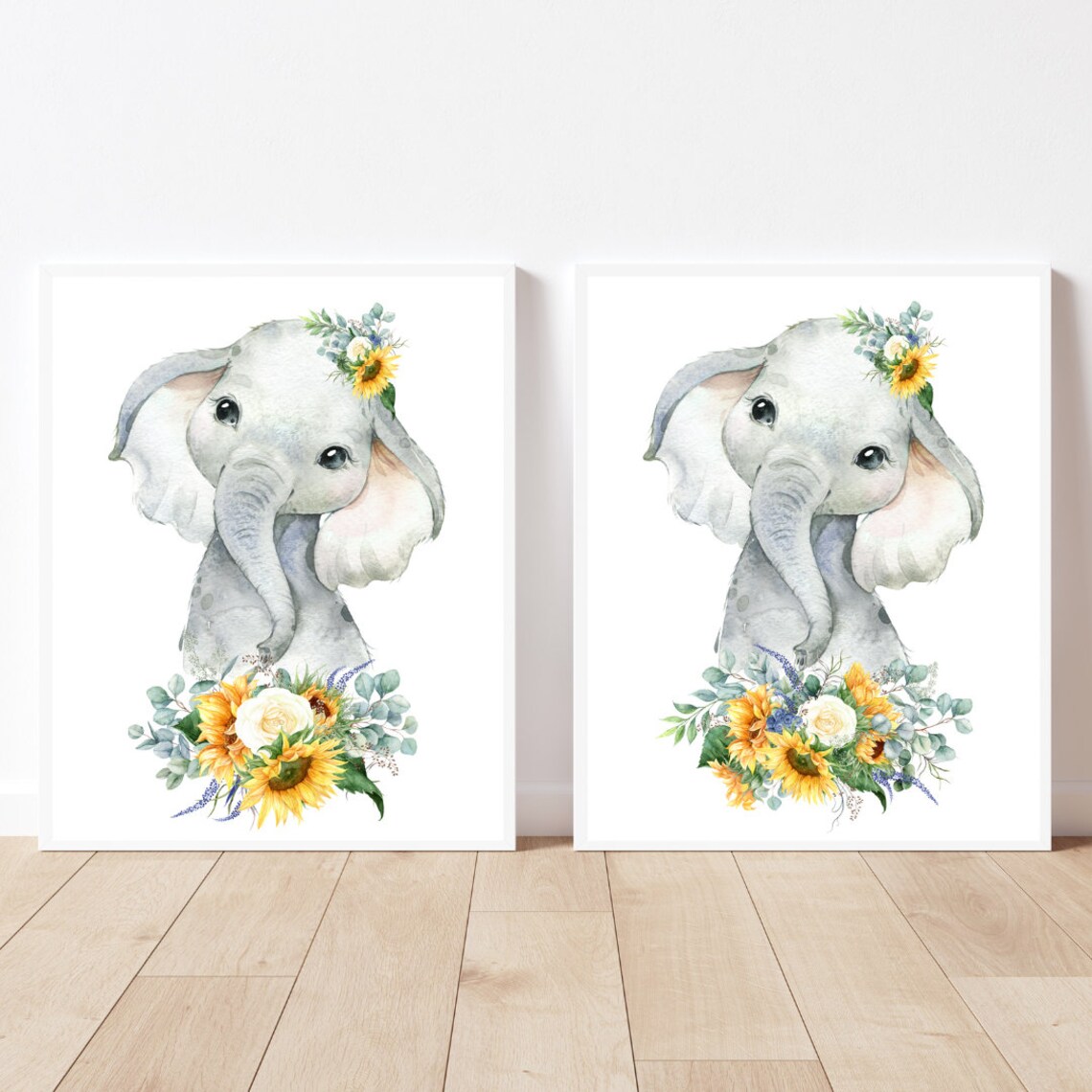 Baby Elephant Sunflower Watercolor Nursery Art Print Set Of Two