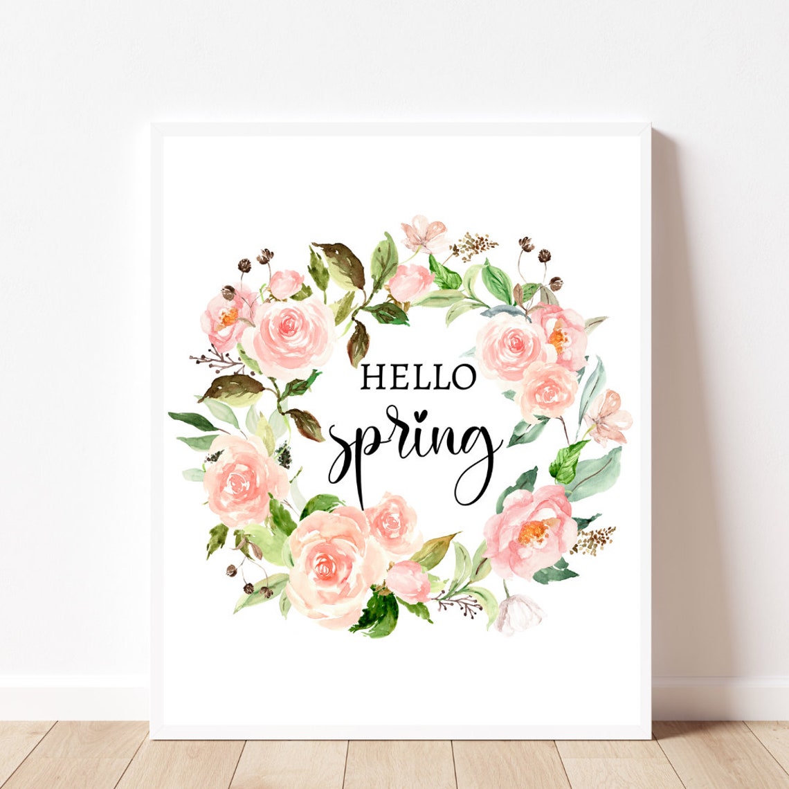 Hello Spring Pink Rose Wreath Watercolor Floral Home Art Poster