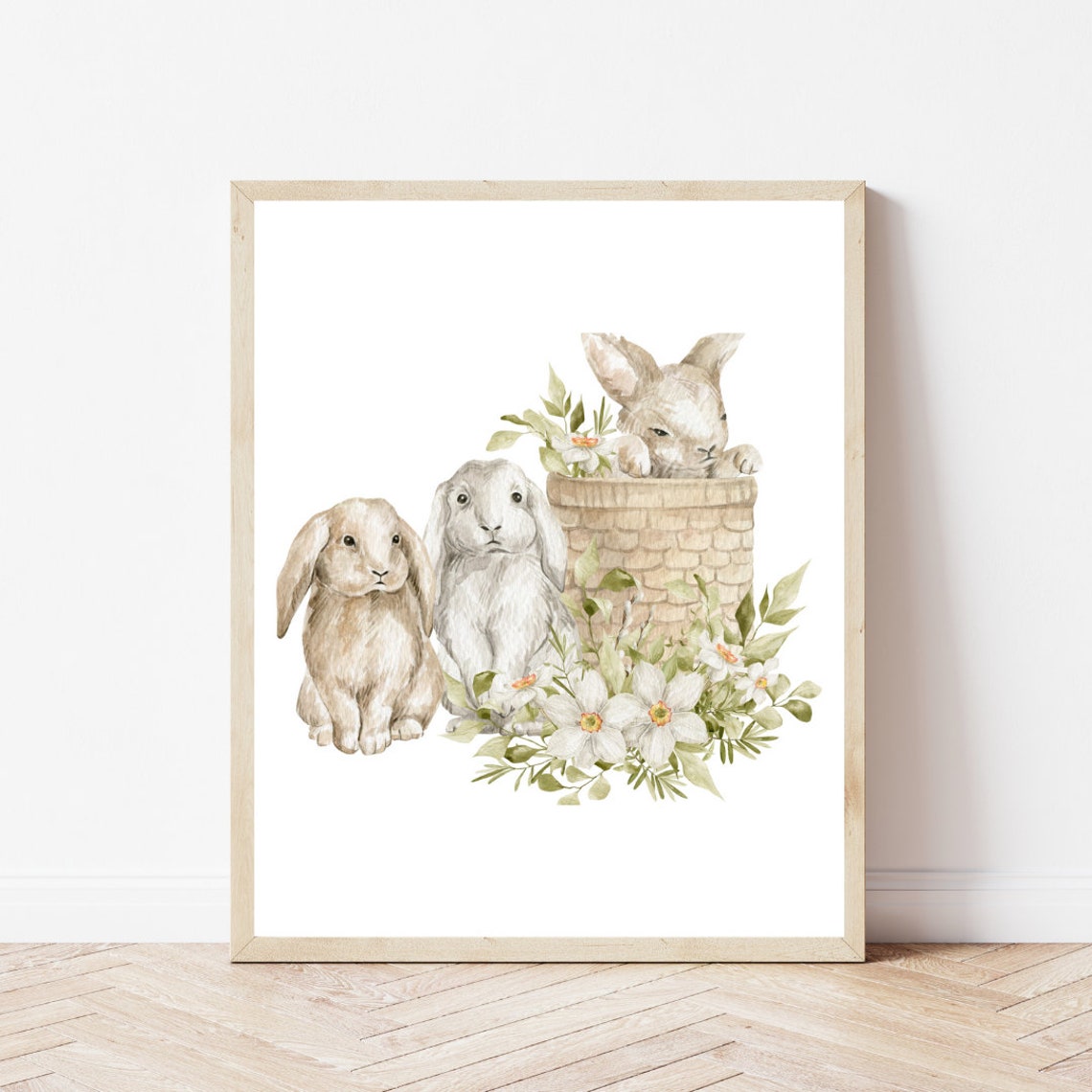Cute Bunny Trio Watercolor Spring Flowers Easter Nursery Poster - Image 2