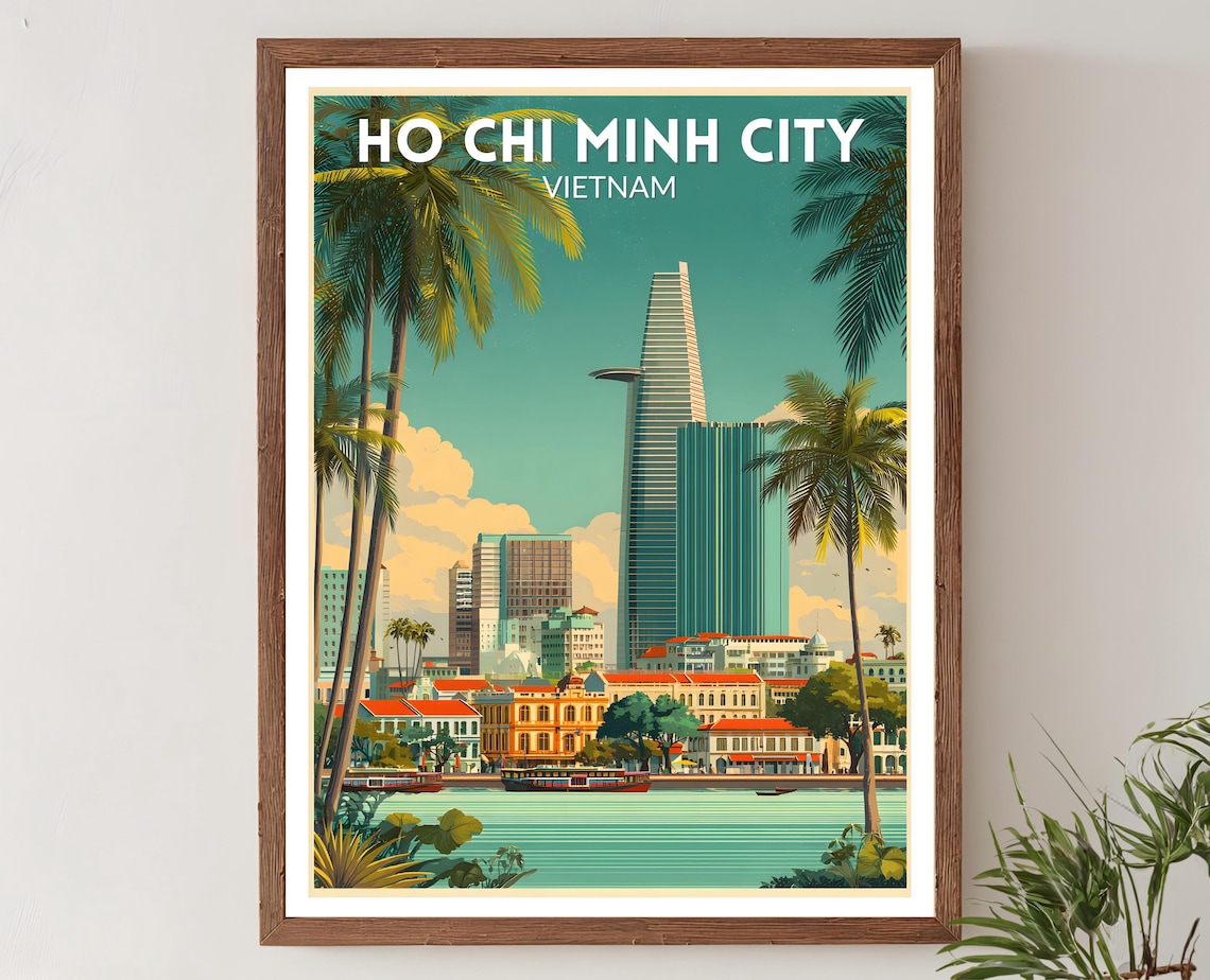 Ho Chi Minh City Vietnam Retro Travel Poster Skyline Palm River