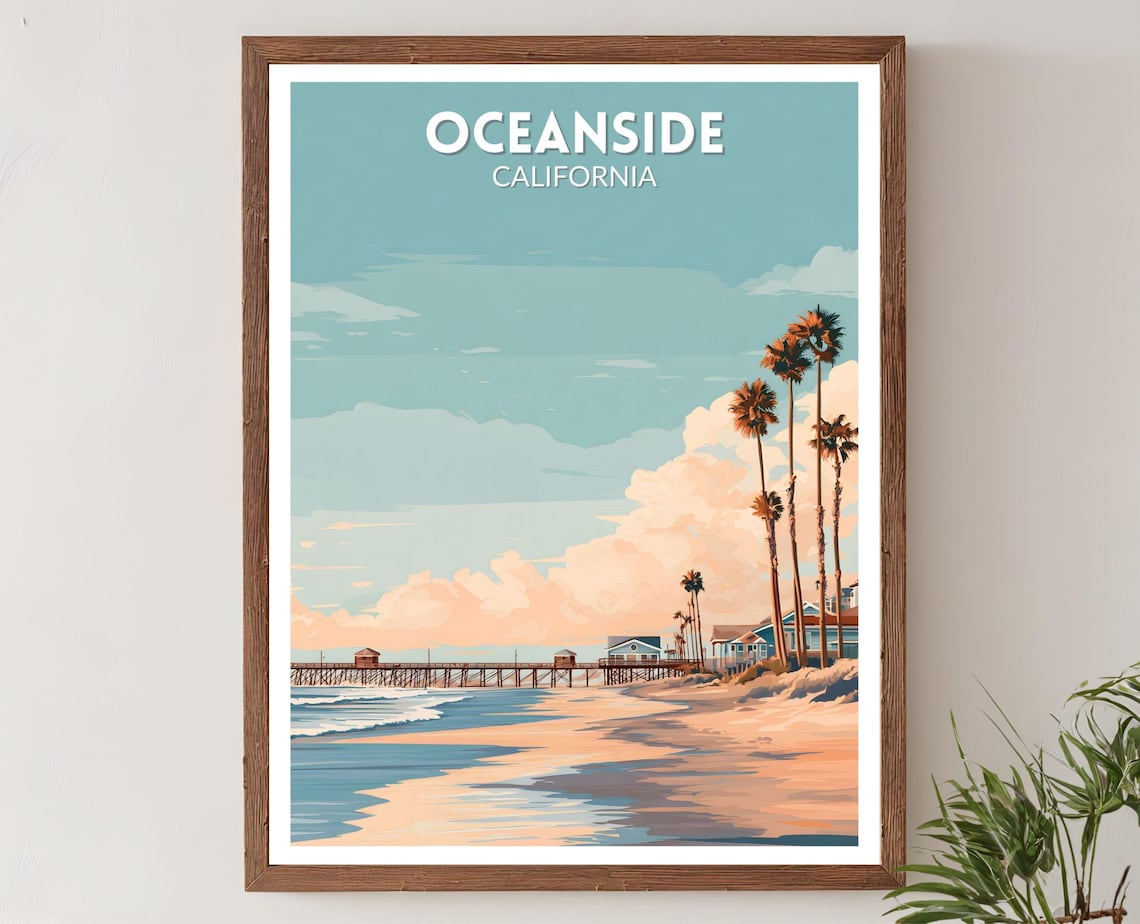 Oceanside Retro Travel Poster, Vintage Coastal Landscape