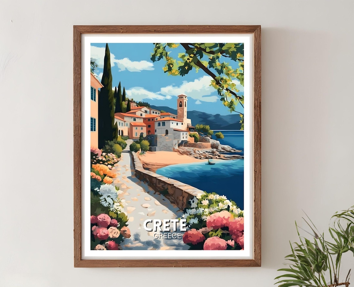Crete Greece Coastal Village Church Beach Flowers Travel Poster