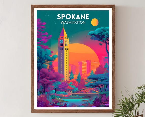 Spokane Washington Vibrant Travel Poster Retro Futuristic Wall Art Print Colorful Cityscape Landscape Modern Decor