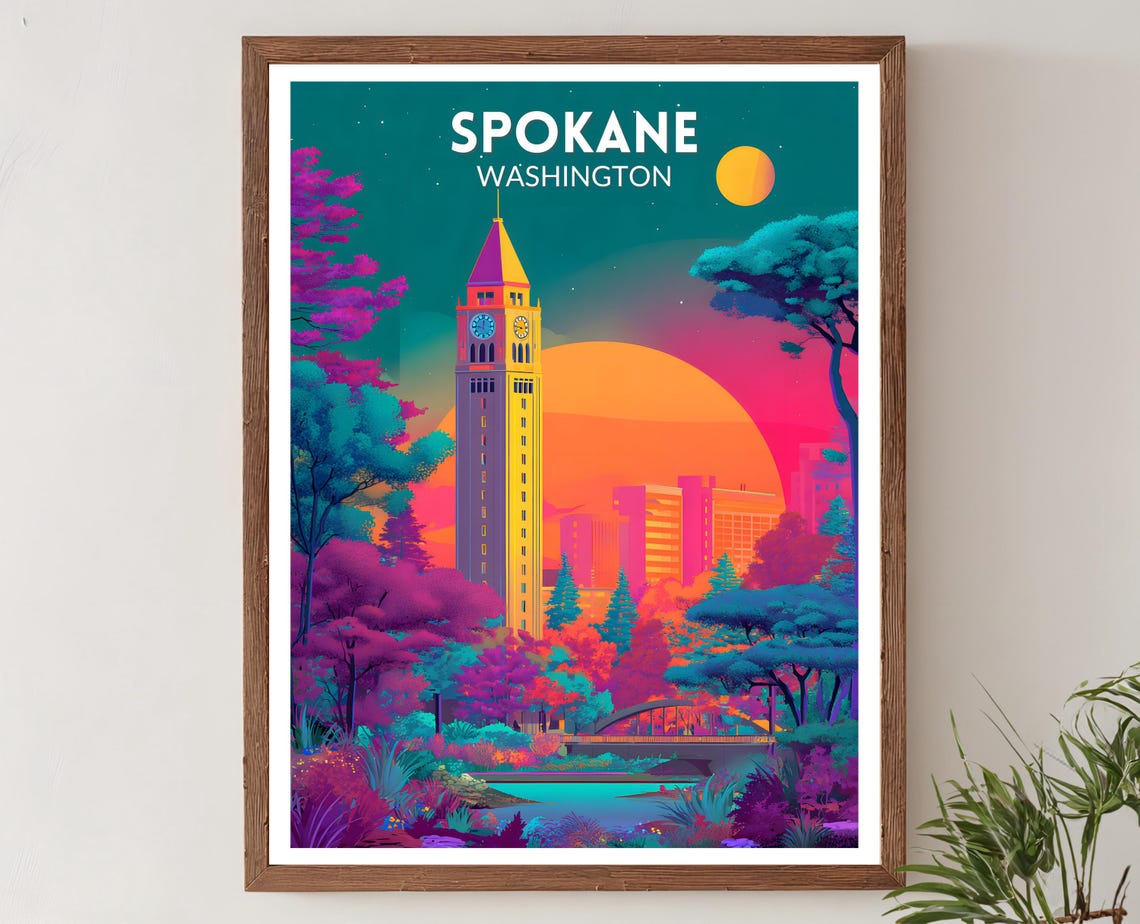 Spokane Washington Vibrant City Clock Tower Sunset Travel Poster