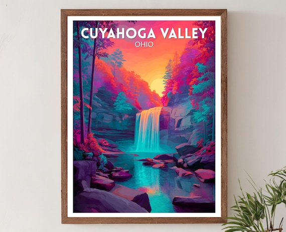 Cuyahoga Valley Ohio Waterfall Neon Sunset Vibrant Travel Poster