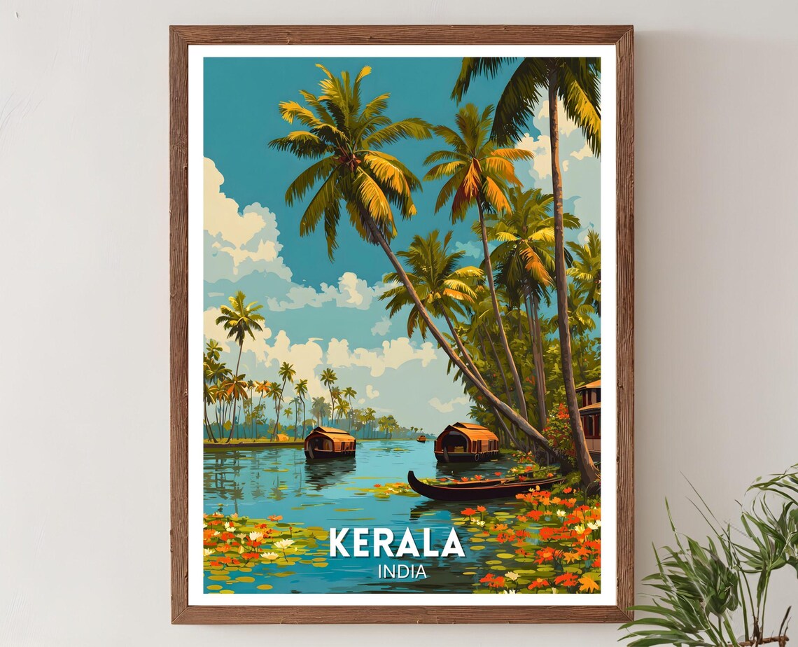 Kerala India Backwaters Houseboat Palm Trees Tropical Travel Poster
