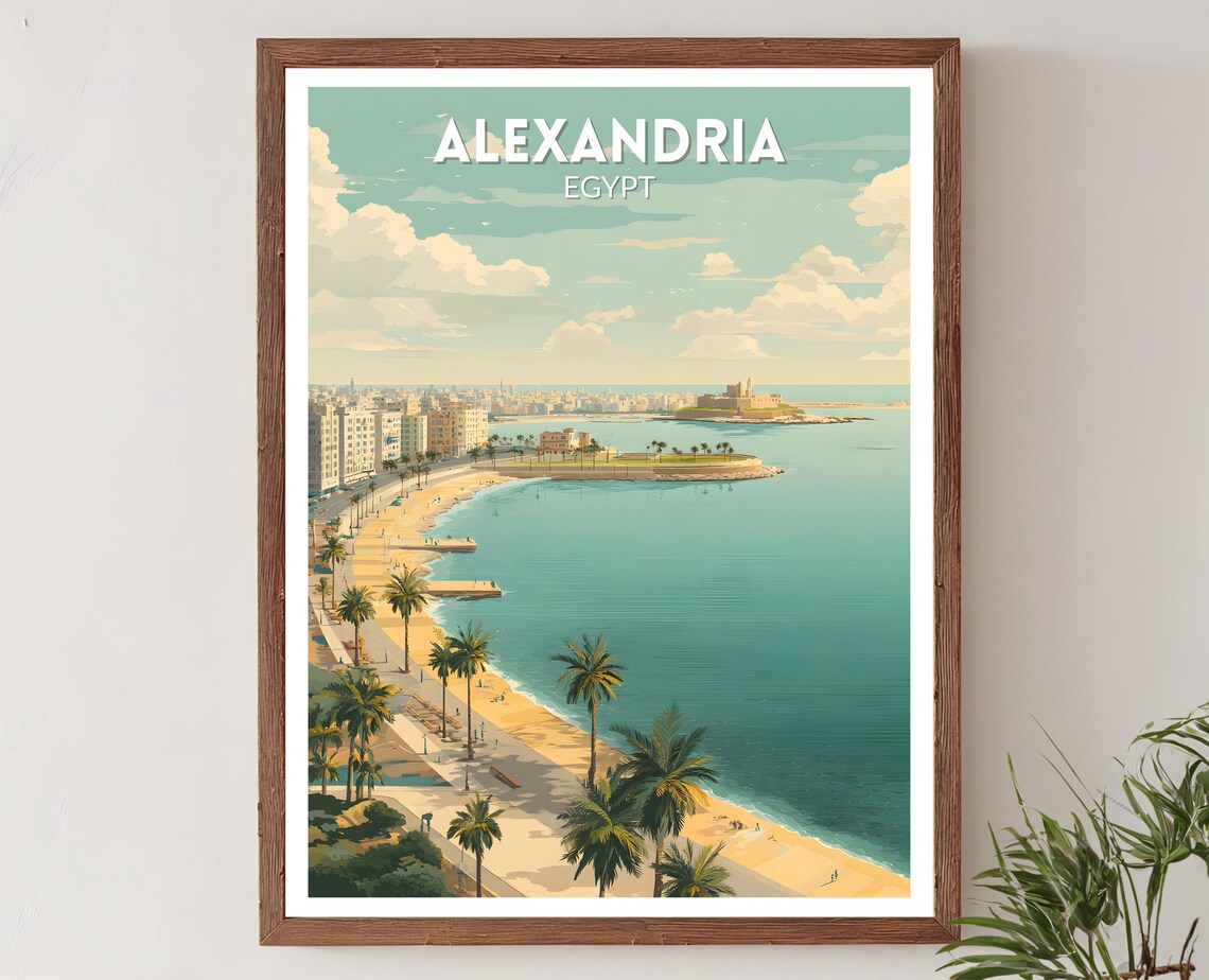 Alexandria Egypt Retro Mid Century Coastal City Travel Poster