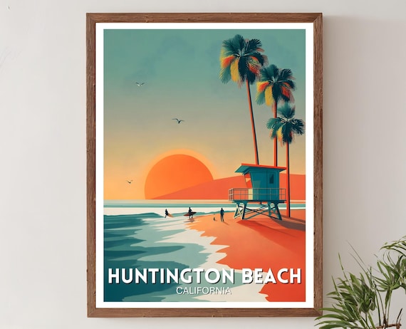 Huntington Beach California Lifeguard Tower Sunset Travel Poster