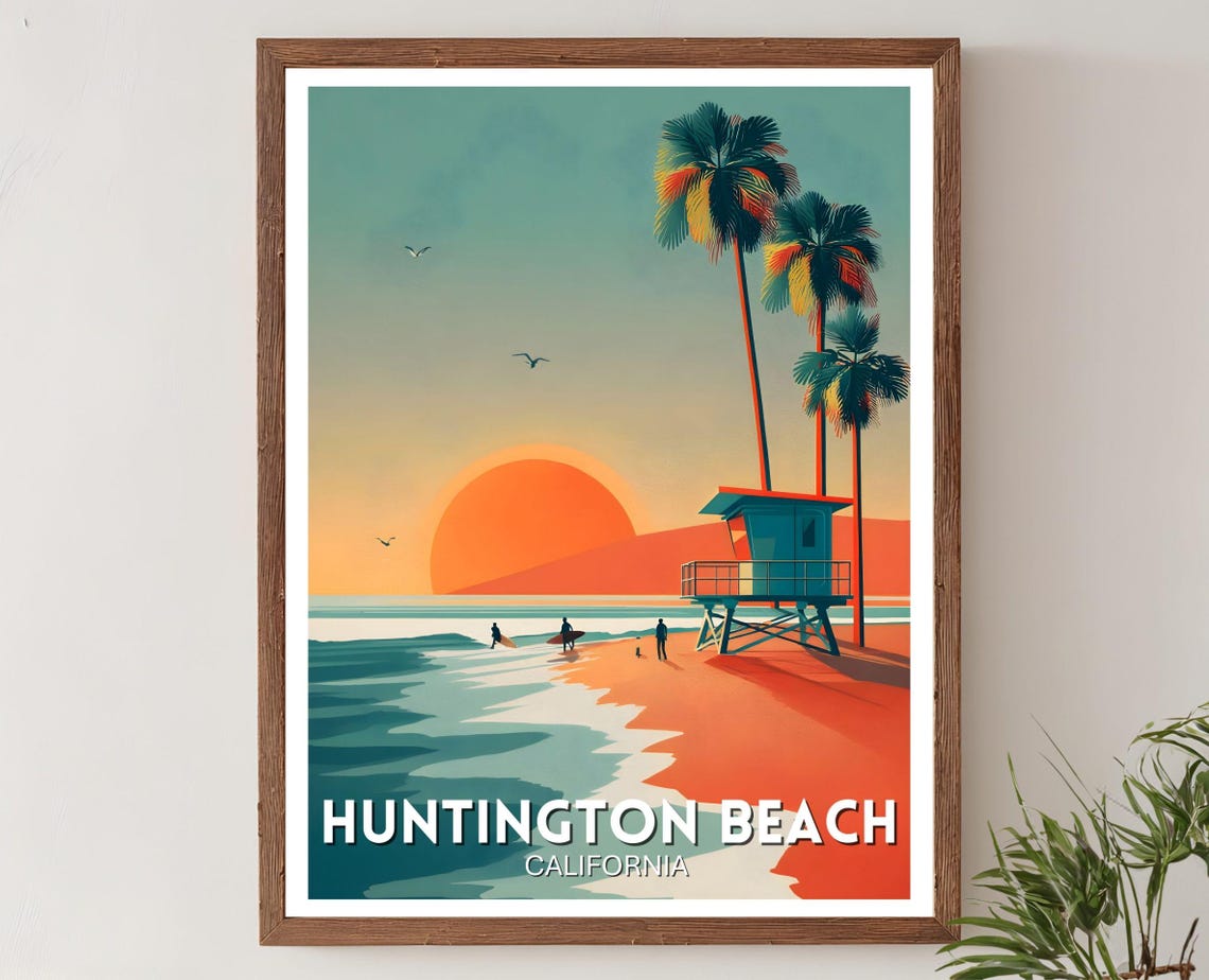 Huntington Beach California Lifeguard Tower Sunset Travel Poster