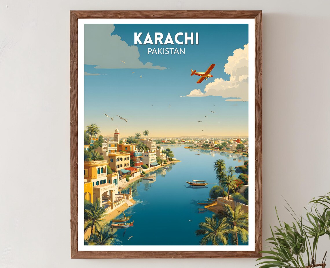 Karachi Pakistan Retro Harbor Mid Century Modern Travel Poster