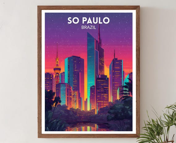 So Paulo Brazil Vibrant Travel Poster Retro Futuristic Wall Art Print Colorful Cityscape Modern South Decor