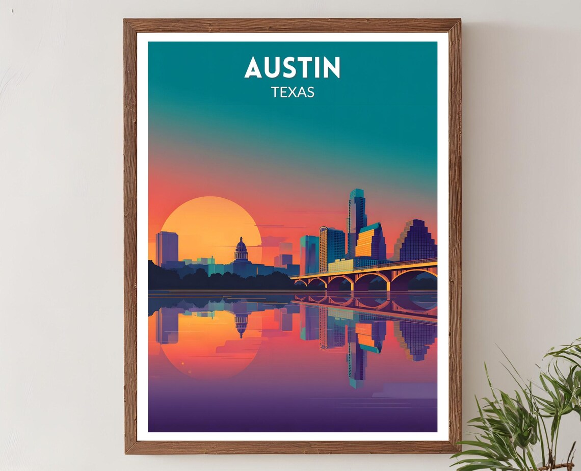 Austin Texas Sunset Skyline Neon Retro Futurist Travel Poster