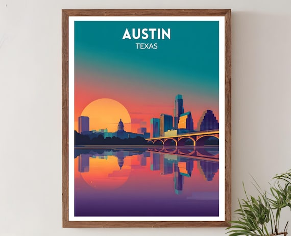 Austin Texas Vibrant Travel Poster Retro Futuristic Skyline Wall Art Print Colorful Cityscape Modern Decor