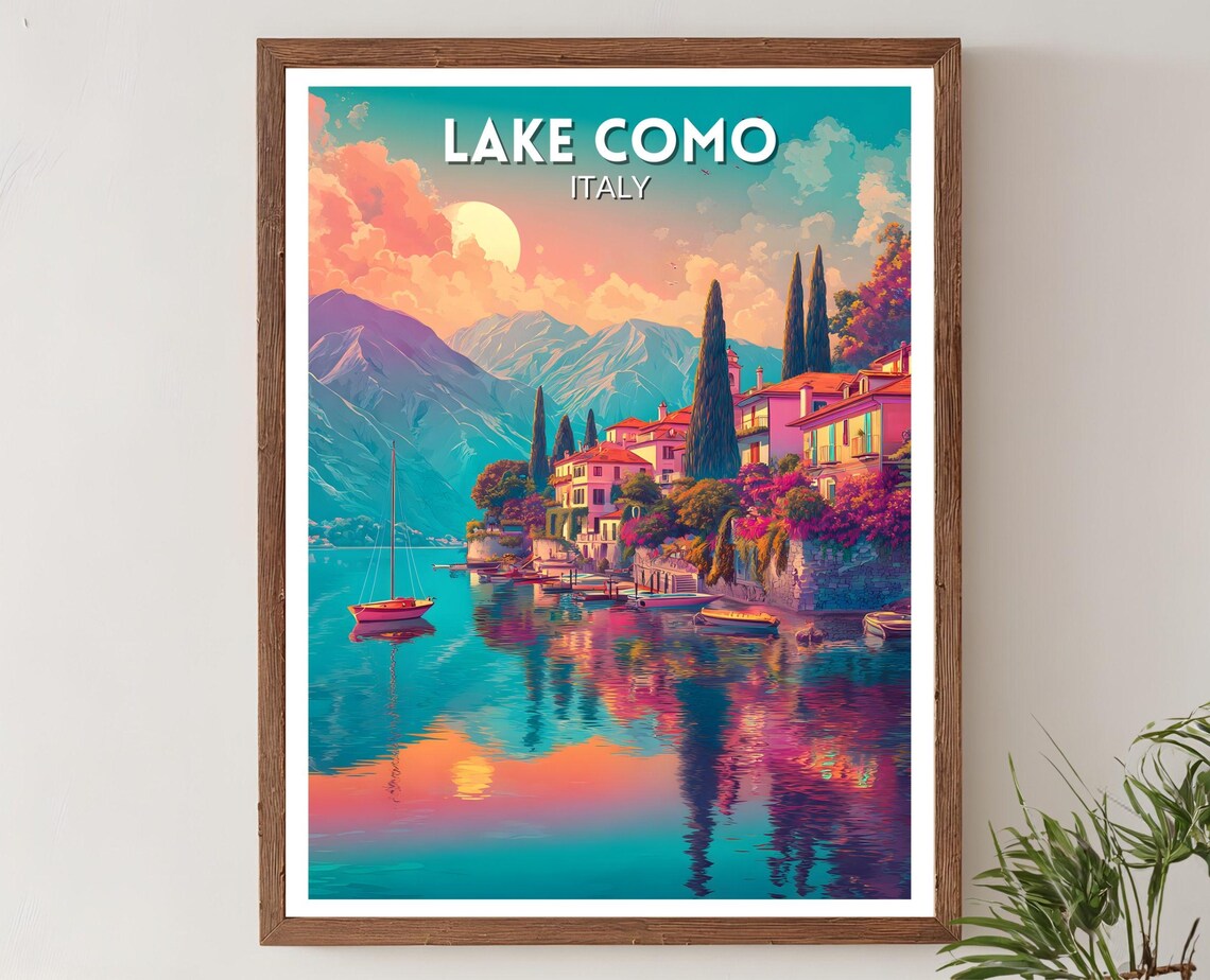 Lake Como Italy Vibrant Lakeside Village Sunset Travel Poster