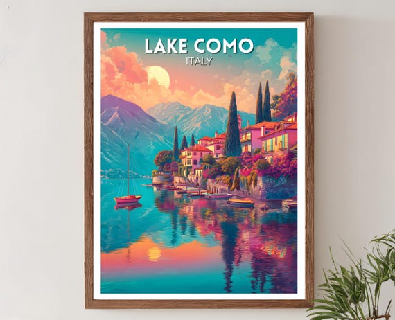 Lake Como Italy Travel Poster Vibrant Colorful Wall Art Print Retro Futuristic Landscape Decor Modern Illustration