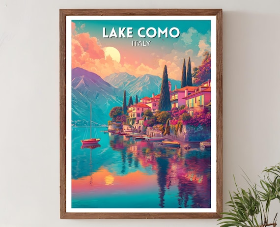 Lake Como Italy Vibrant Lakeside Village Sunset Travel Poster