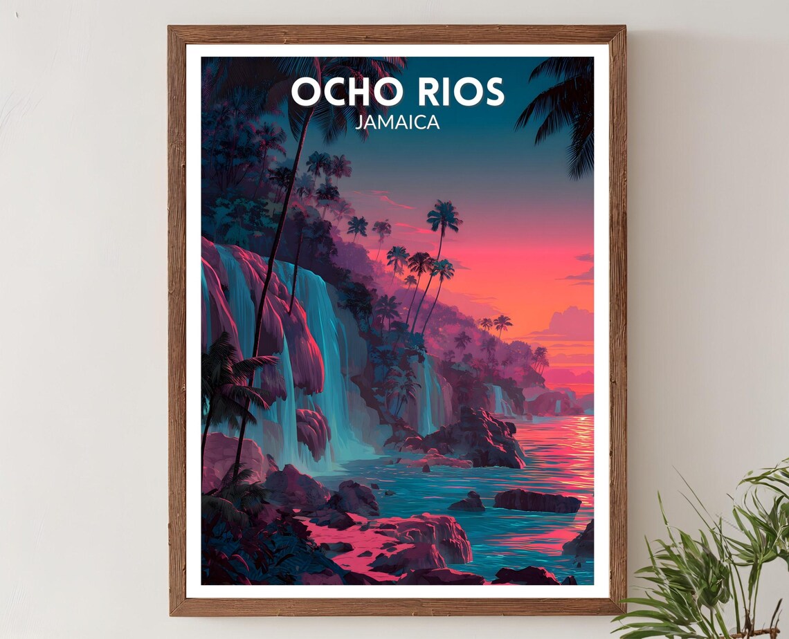 Ocho Rios Jamaica Waterfall Sunset Retro Futuristic Travel Poster