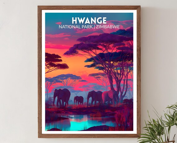Hwange National Park Zimbabwe Vibrant Elephant Sunset Travel Poster