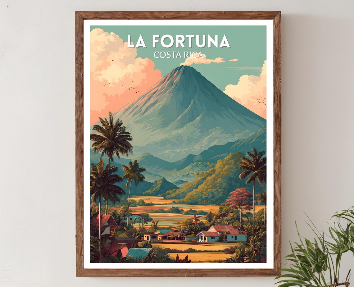 La Fortuna Costa Rica Retro Travel Poster, Vintage Volcano