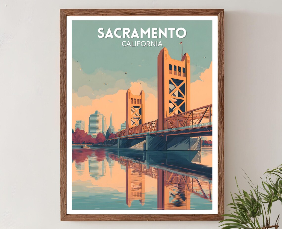 Sacramento California Tower Bridge River Retro Travel Poster