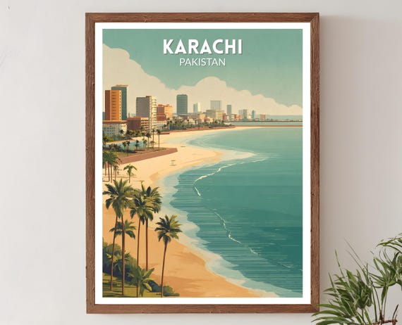 Karachi Pakistan Retro Travel Poster Mid Century Modern Wall Art Print Vintage Cityscape Decor Asian Home