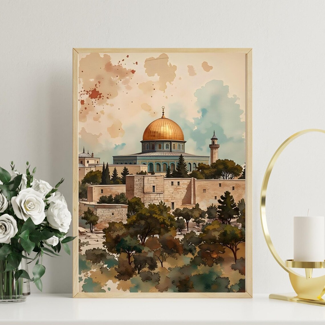 Dome of the Rock Jerusalem Golden Dome Watercolor Landmark Poster