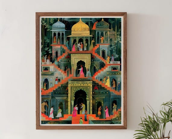 Kangra Style Painting Folk Art Wall Hanging Handpainted Cultural Artwork Traditional Miniature Palace Scene Unique Home Decor