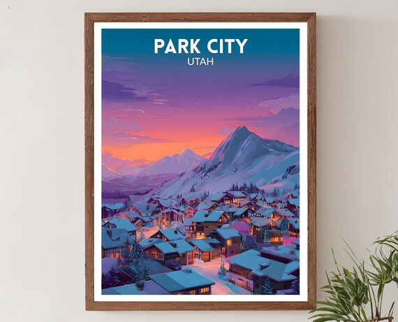 Park City Utah Sunset Ski Town Mountains Vibrant Travel Poster