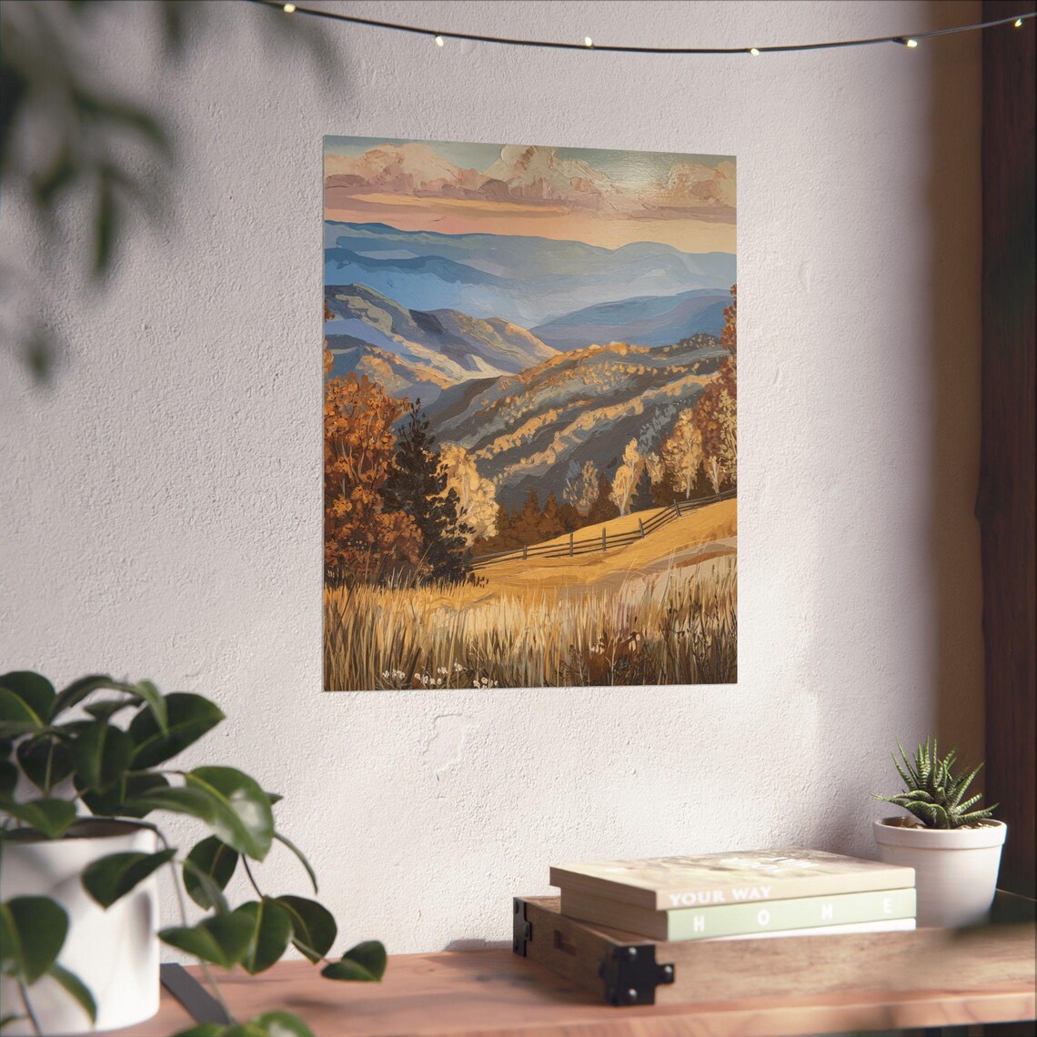 Autumn Mountain Valley Golden Meadows Oil Painting Style Poster