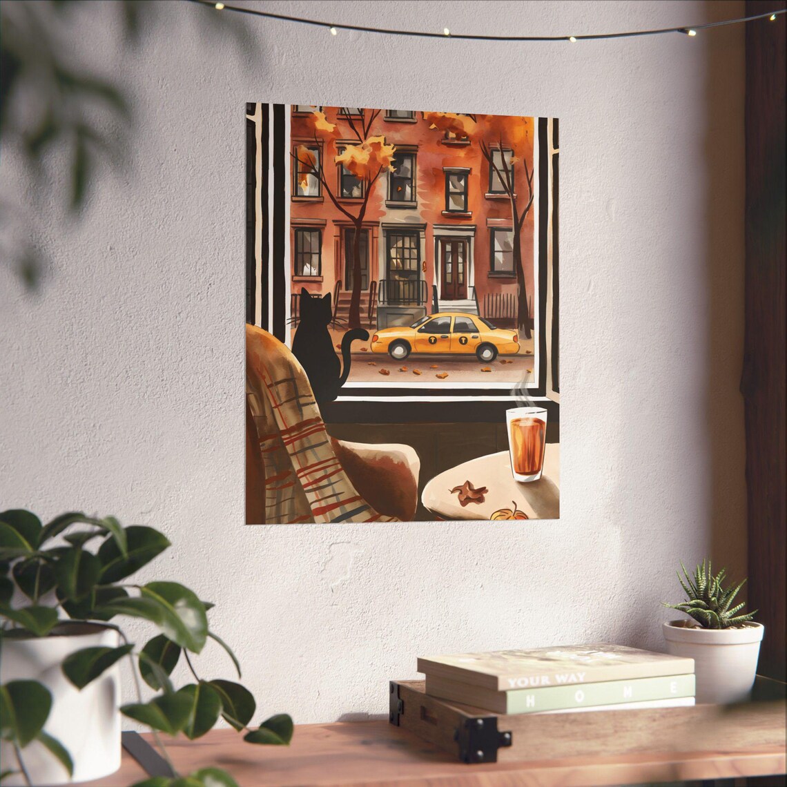 Autumn New York Black Cat at Window Yellow Taxi Cityscape Art Poster