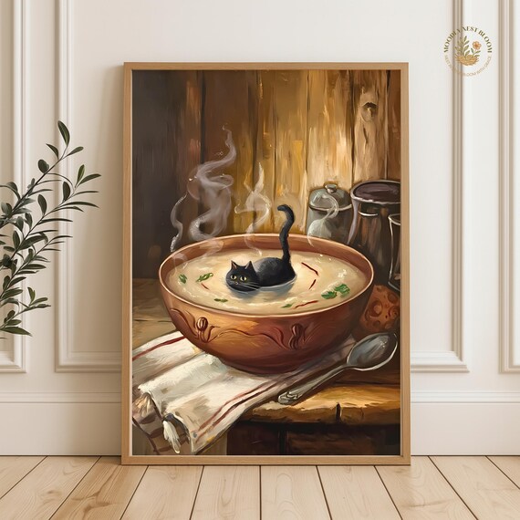 Funny Black Cat Swimming In A Steaming Hot Bowl Of Soup Poster