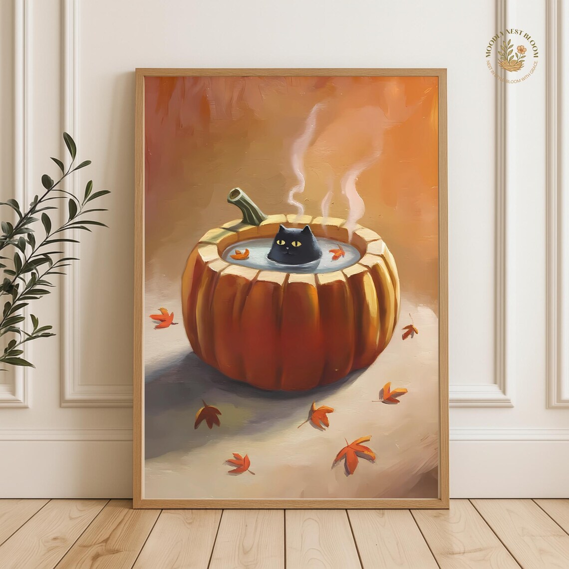Pumpkin Cat Hot Tub Art Print, Whimsical Autumn