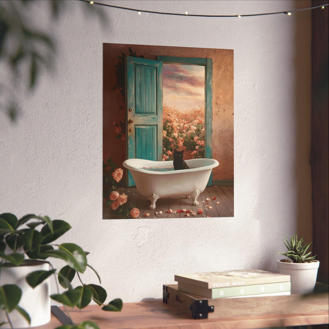 Black Cat In Bathtub, Vintage Bathroom Art Print