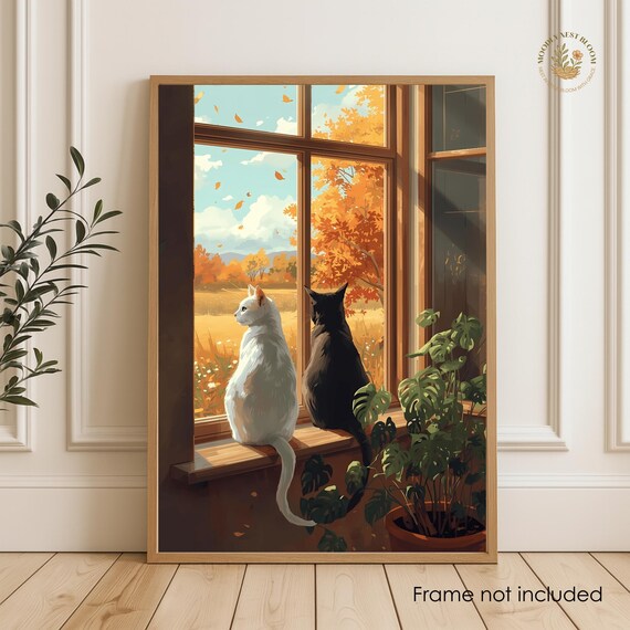 Two Cats on a Windowsill Cozy Autumn Landscape Window View Poster