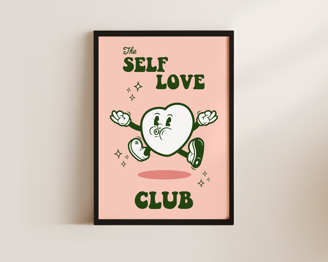 The Self Love Club Retro Cartoon Heart Peach Pink Affirmation Poster
