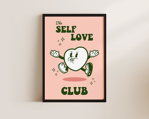 The Self Love Club Retro Cartoon Heart Peach Pink Affirmation Poster