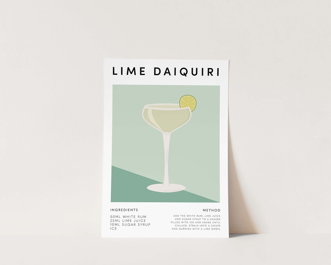 Lime Daiquiri Recipe with Coupe Glass Mint Illustration Poster - Image 2