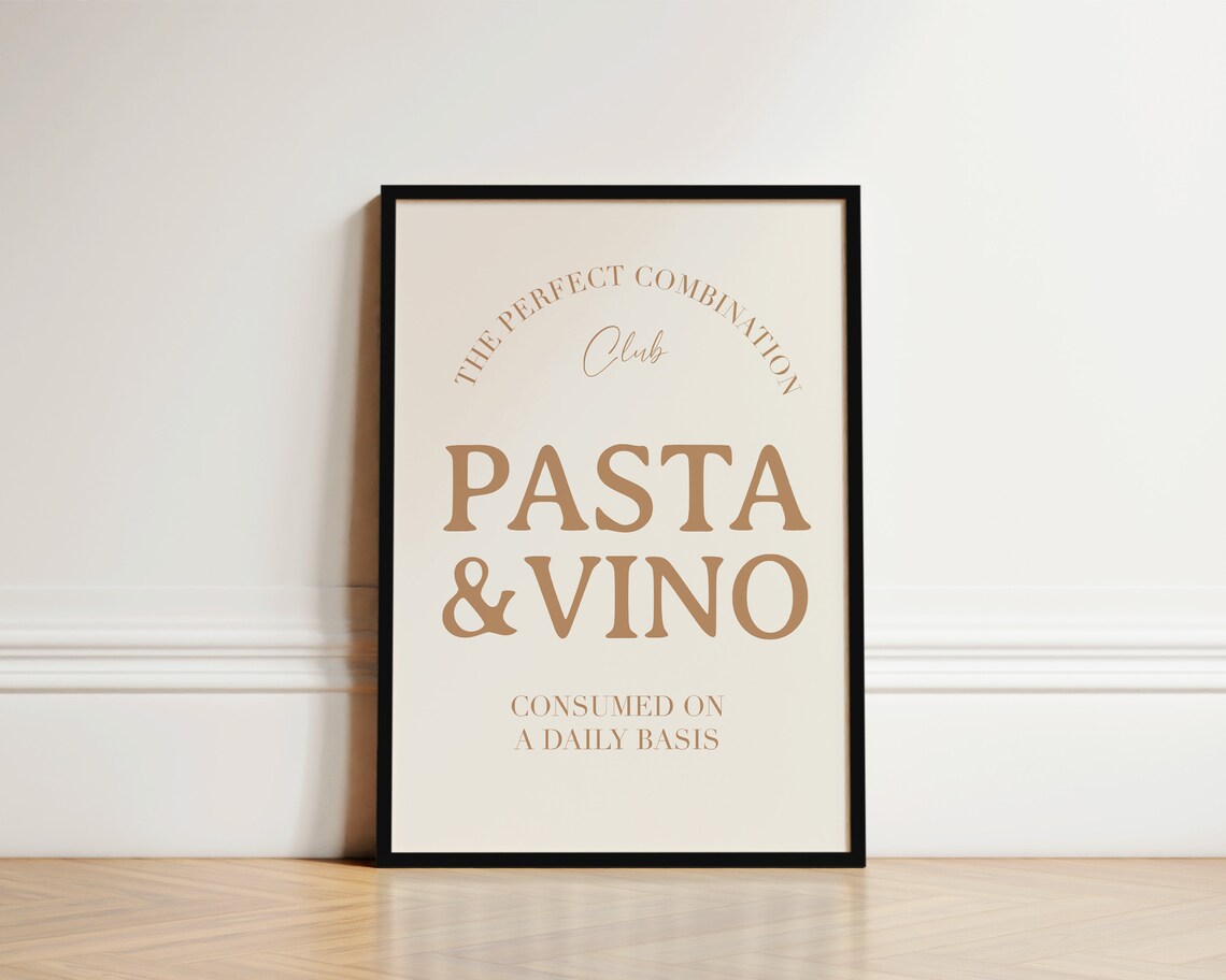 Pasta And Vino Kitchen Art Print, Neutral Decor
