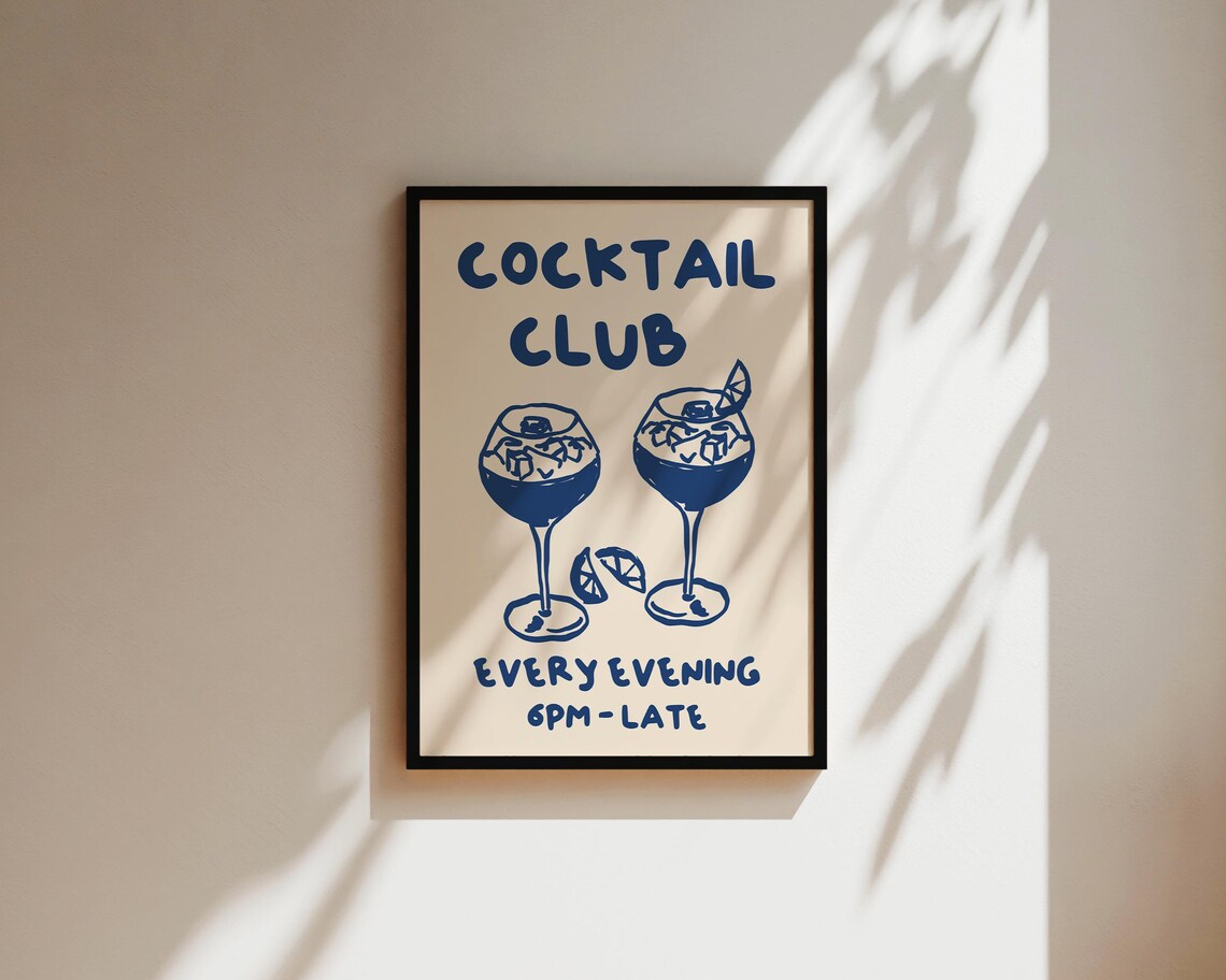 Cocktail Club Every Evening Navy Hand Drawn Typography Bar Poster - Image 3
