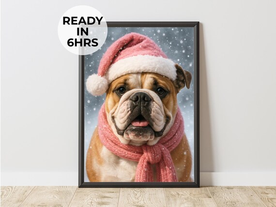 Winter Bulldog Pink Hat Scarf Snow Portrait Cute Cozy Holiday Pet Art Poster