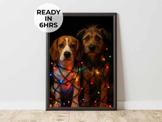 Christmas Dogs Tangled Lights Beagle Funny Holiday Pet Art Poster