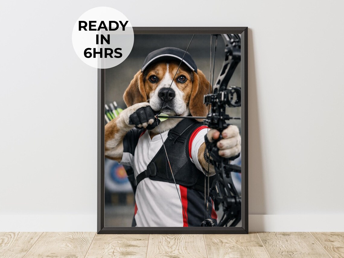 Custom Beagle Dog Portrait Drawing a Compound Bow as an Archer Wall Art
