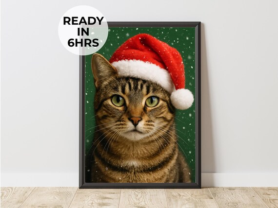 Tabby Cat Wearing Santa Hat Snowy Green Christmas Holiday Poster