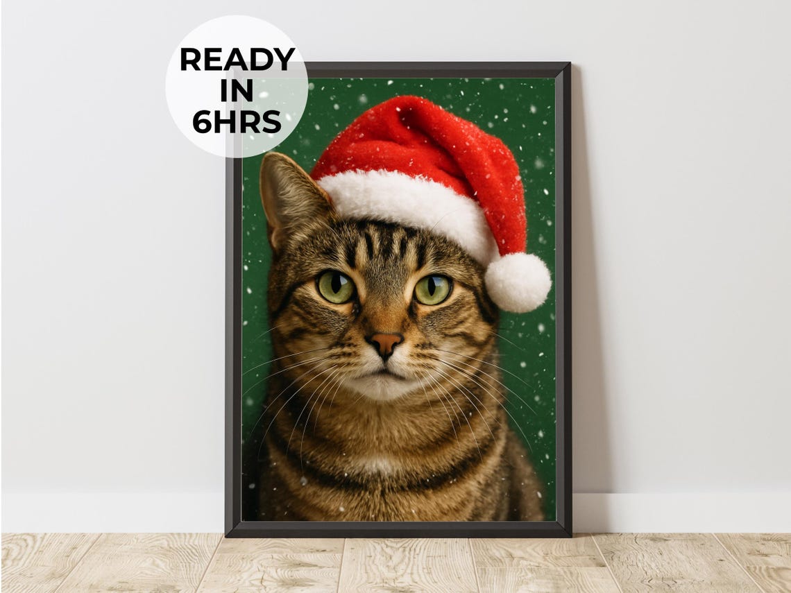 Tabby Cat Wearing Santa Hat Snowy Green Christmas Holiday Poster