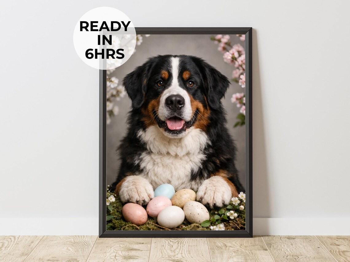 Bernese Mountain Dog Easter Eggs Spring Floral Cute Holiday Puppy Wall Art