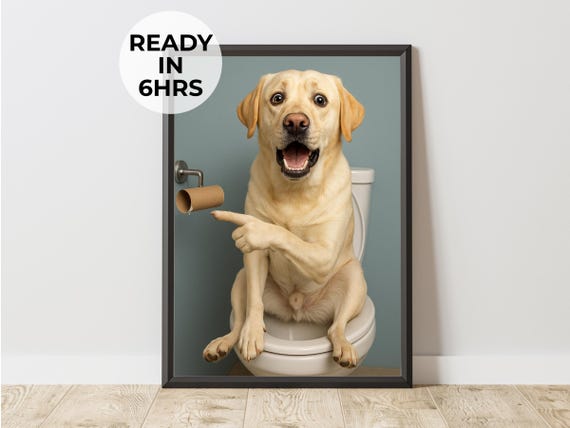 Custom Funny Pet Portrait Dog On Toilet Art Humor Gift