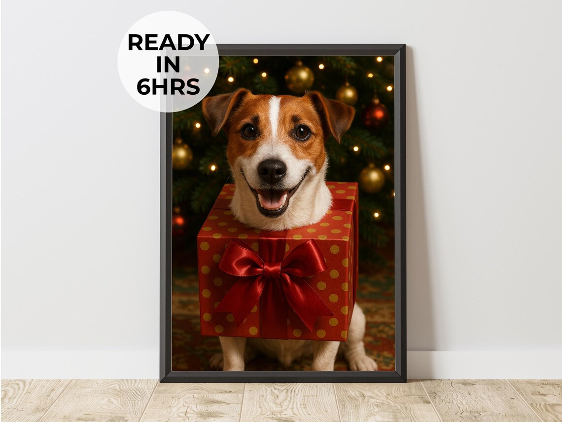 Custom Pet in Gift Box Portrait, Funny Christmas Art