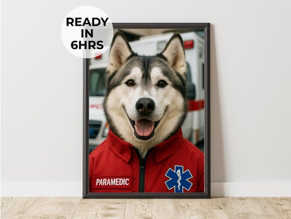 Custom Paramedic Pet Portrait Funny Emt Hero Gift Art